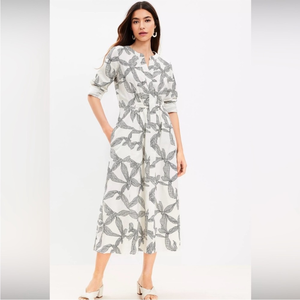 LOFT Black and White Cuffed Sleeve Midi Dress